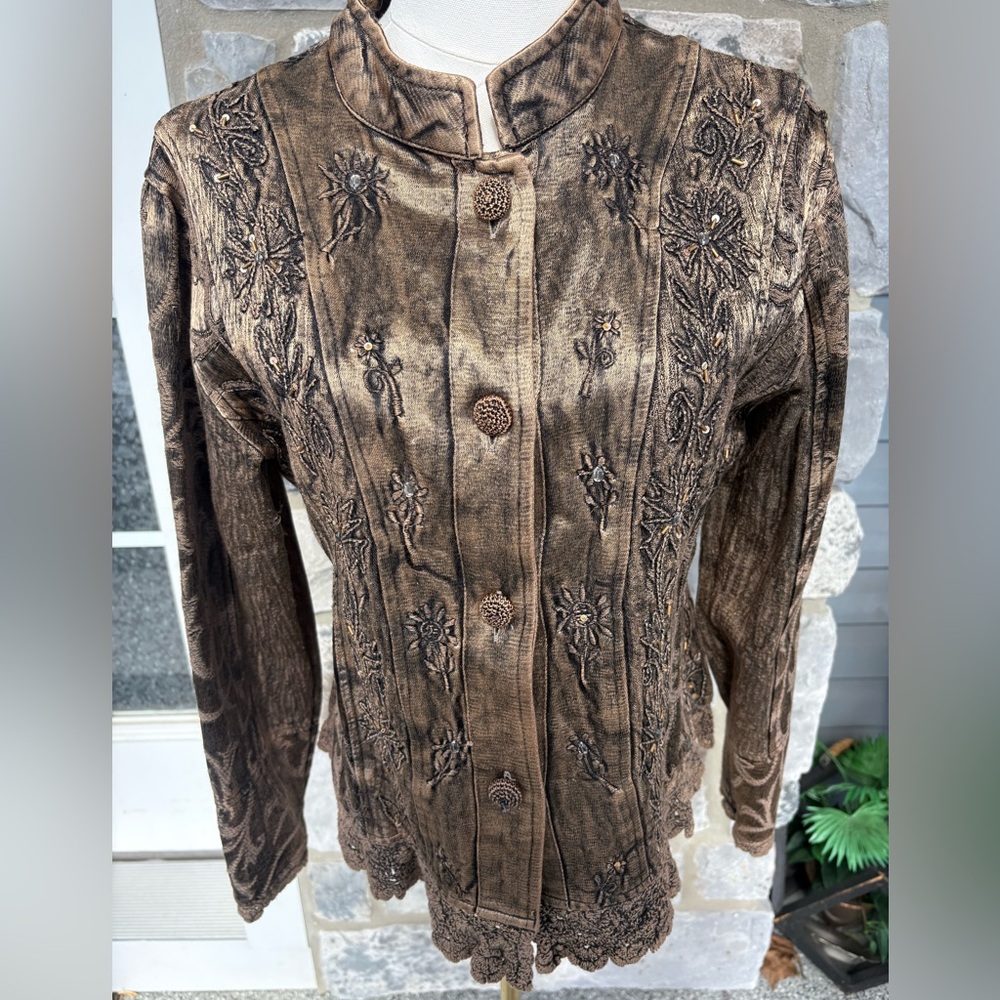 Vintage Flashback Lg Tapestry Embroidered Crocheted Beaded Boho Brown Jacket